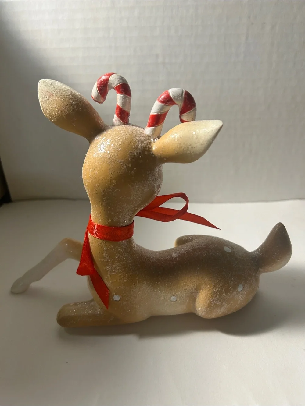 Holiday Reindeer Figurine with Red Ribbon and Candy Antlers Vintage style